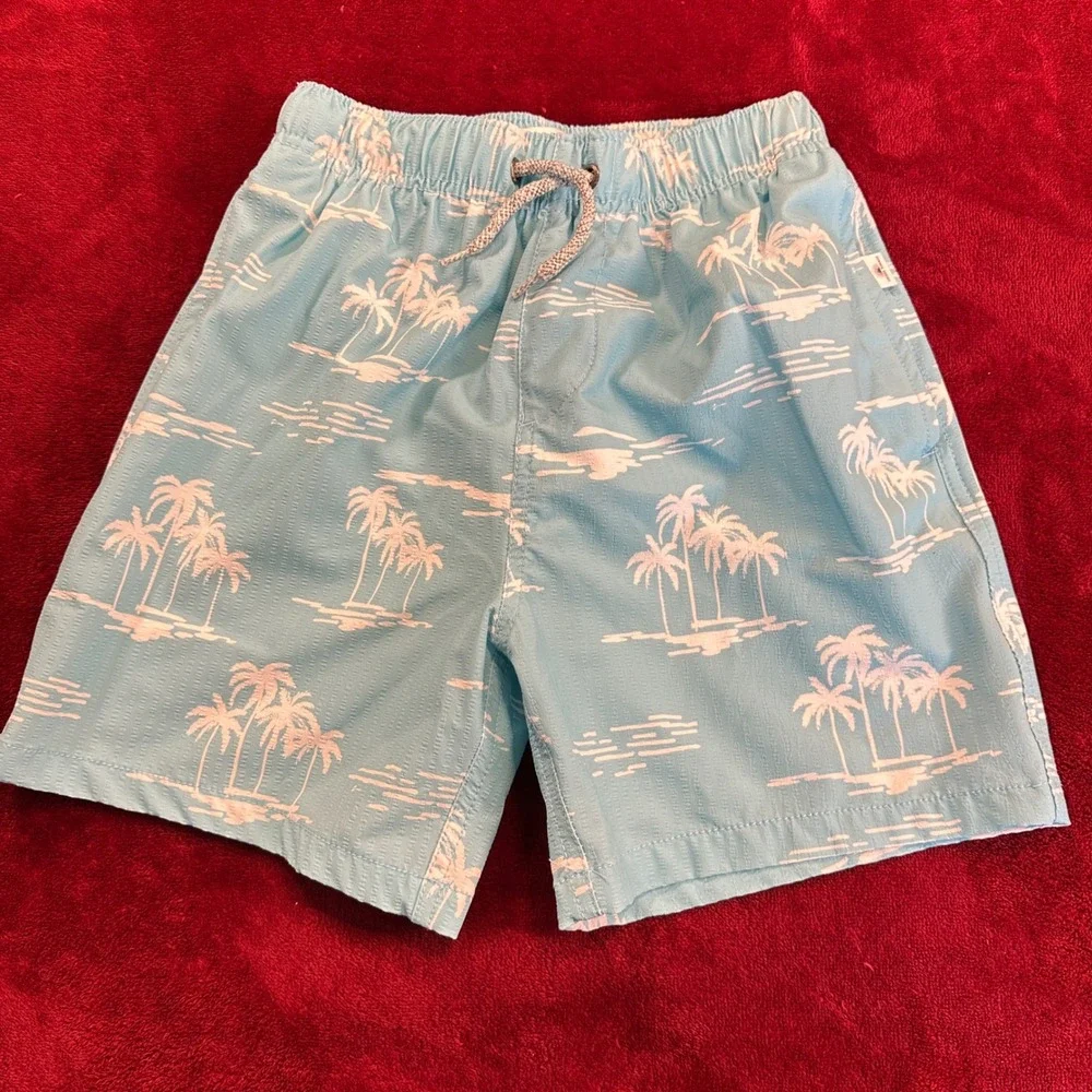 Vintage Summer Boys Blue Seersucker Palm‎ Tree Swim Trunks Size 12 V84509